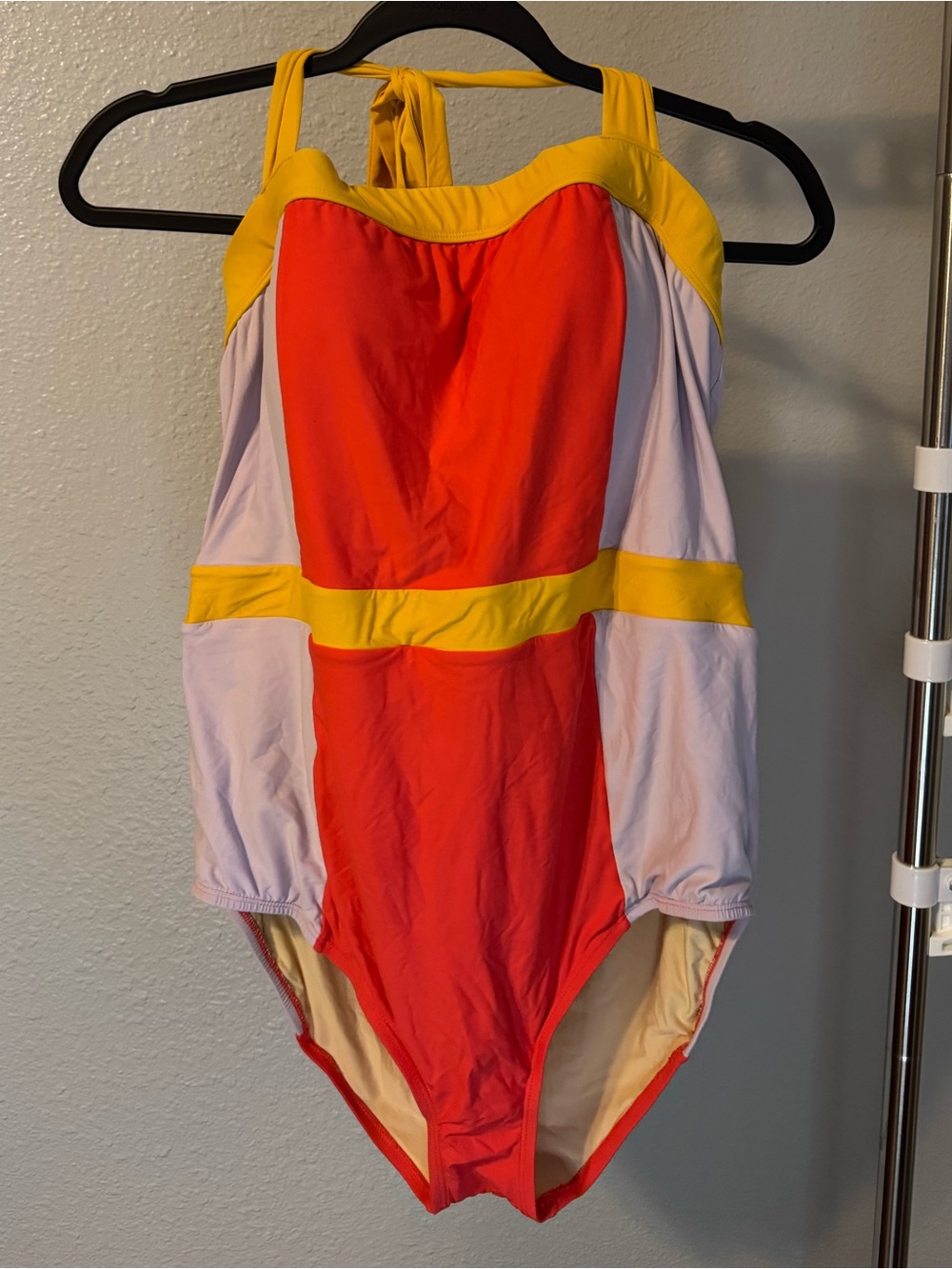 ModCloth Colorblock One-Piece Swimsuit in Coral, Mustard Yellow, Light Purple